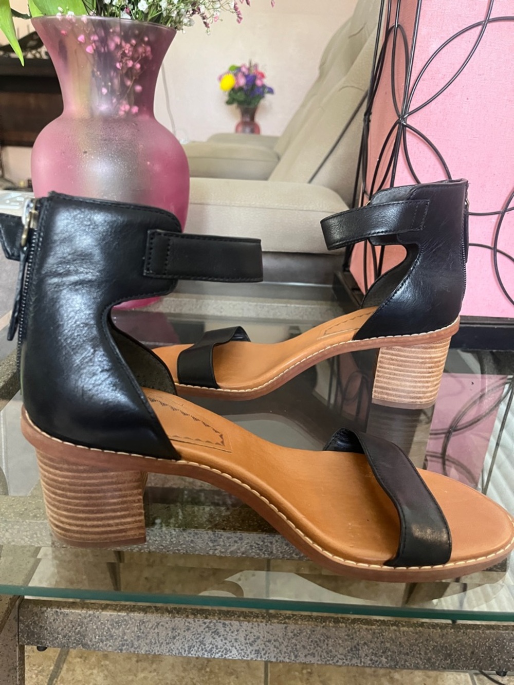 Zodiac Black Leather Ankle-Strap Sandals with Tan Footbed - Picture 3 of 6